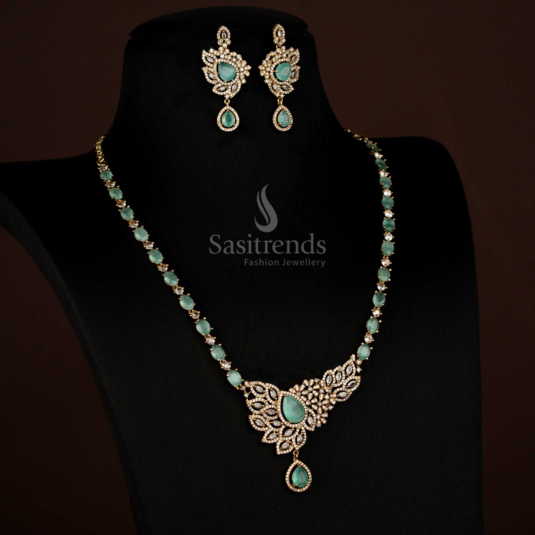 Gorgeous American Diamond Victorian Leaf Cluster White Mint Long Necklace with Teardrop Pendant - Sasitrends