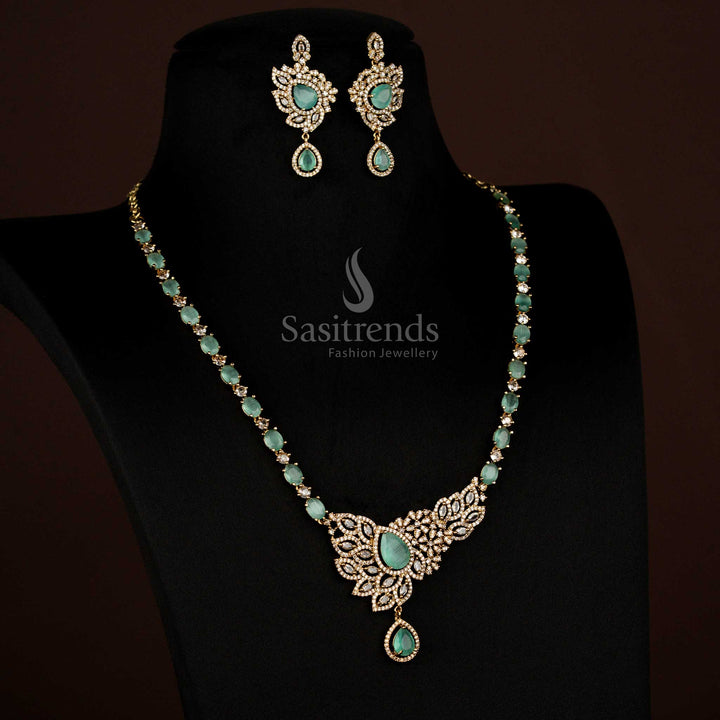 Gorgeous American Diamond Victorian Leaf Cluster White Mint Long Necklace with Teardrop Pendant - Sasitrends