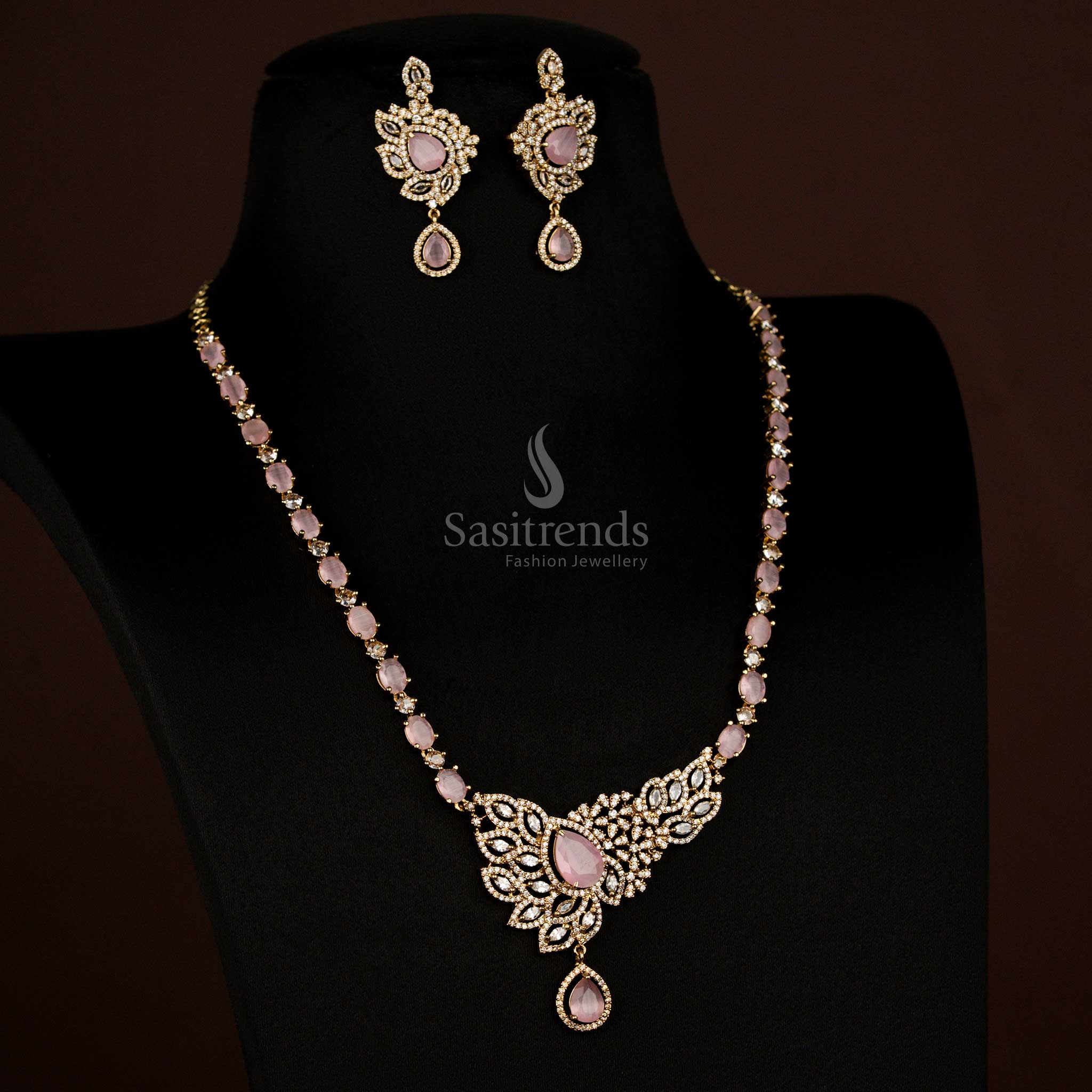 Stunning American Diamond Victorian Leaf Cluster White Blue Pink Necklace with Teardrop Pendant - Sasitrends