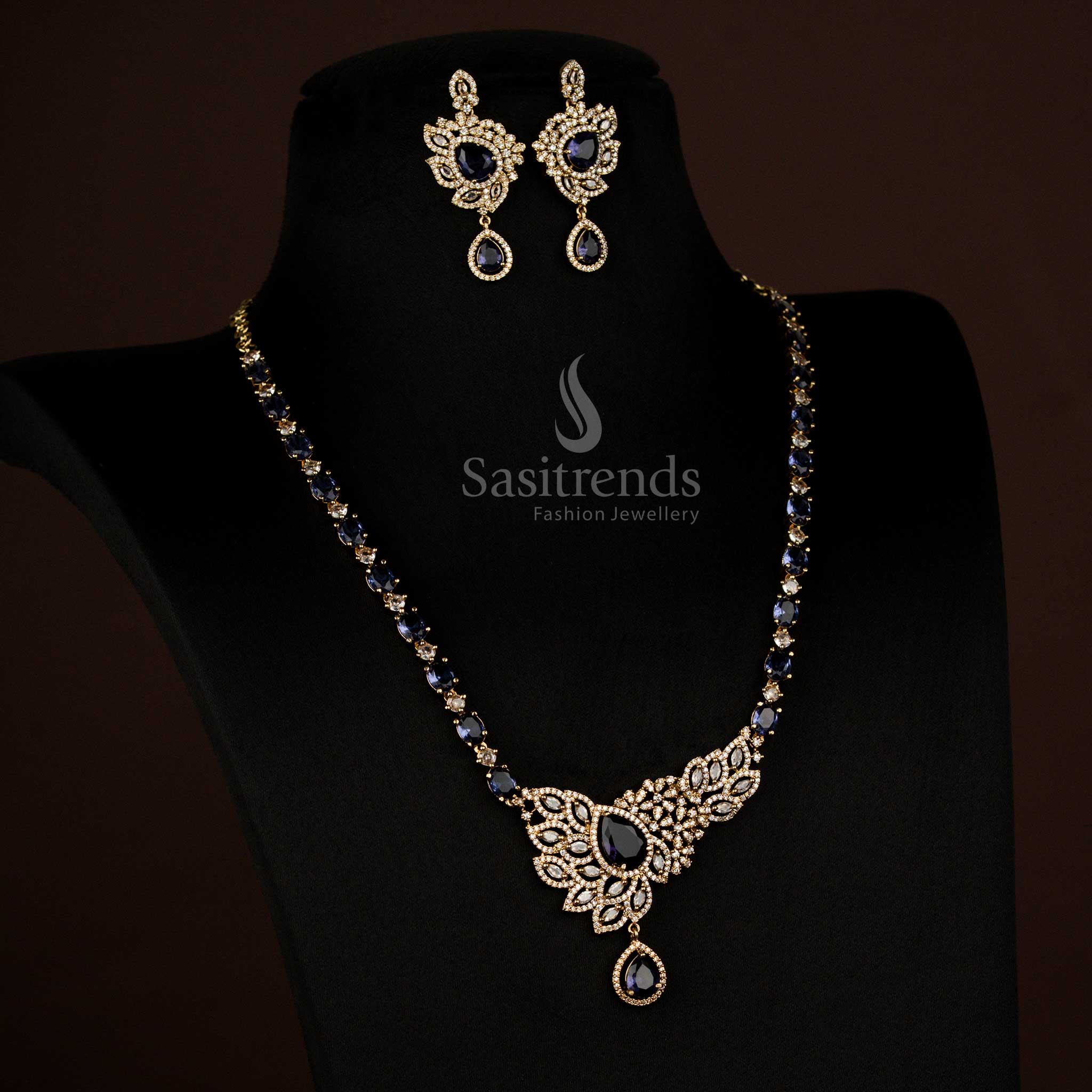 Gorgeous American Diamond Victorian Leaf Cluster White Purple Long Necklace with Teardrop Pendant - Sasitrends