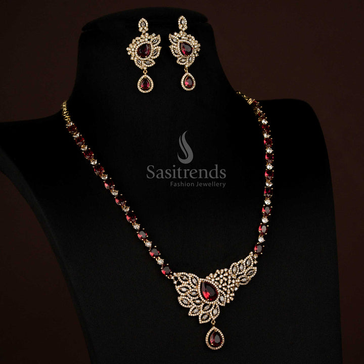 Attractive Party Wear American Diamond Victorian Leaf Cluster White Red Long Necklace with Teardrop Pendant - Sasitrends
