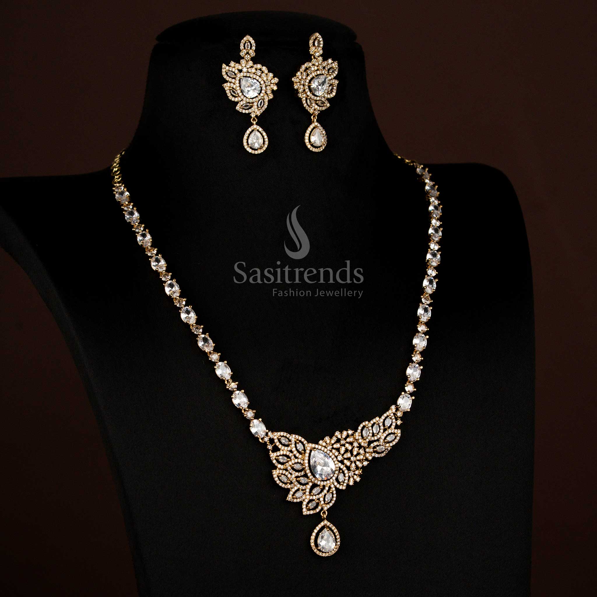 Gorgeous Sparkling American Diamond Victorian Leaf Cluster White Long Necklace with Teardrop Pendant - Sasitrends