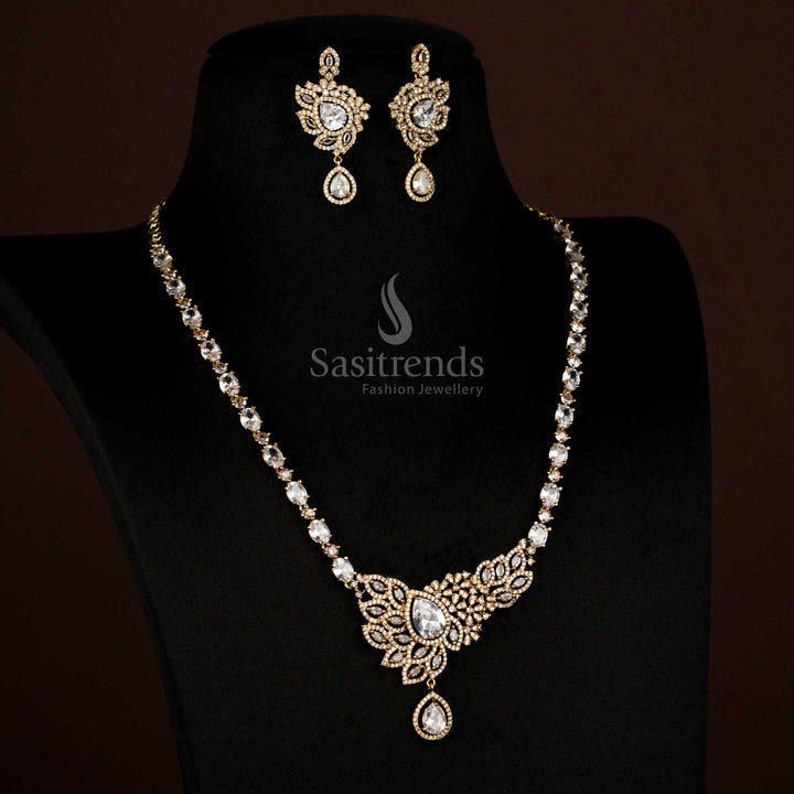 Gorgeous American Diamond Victorian Leaf Cluster Long Necklace Jewellery Set with Teardrop Pendant