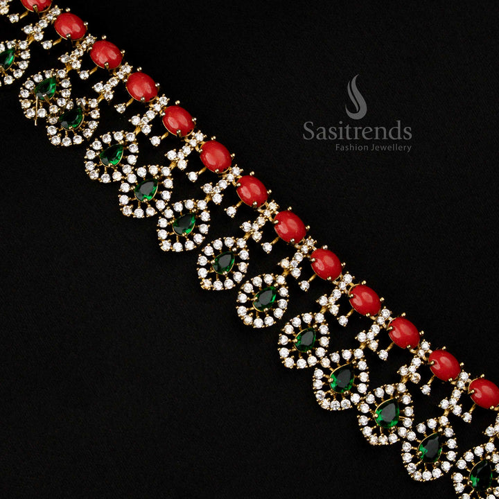 Gorgeous American Diamond Victorian Pavalam Green Leaf and Oval Long Necklace with Earrings - Sasitrends