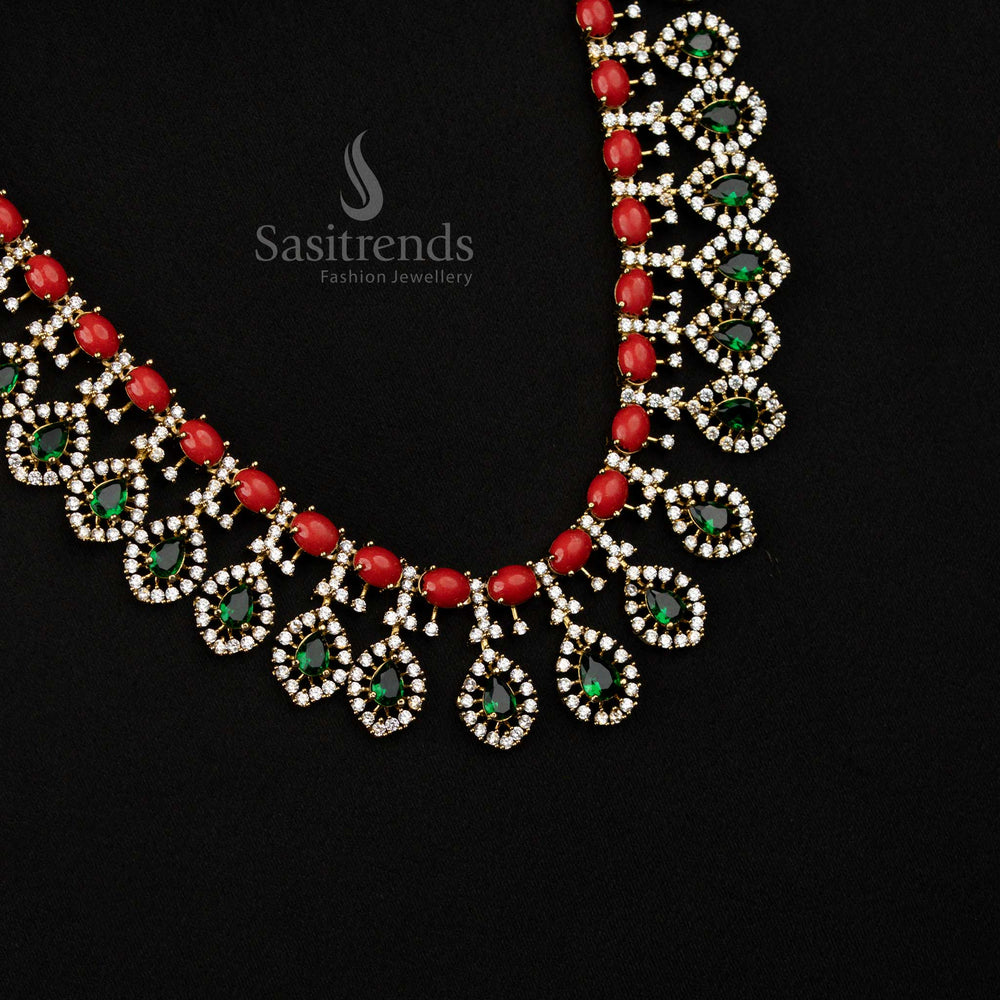 Party Wear Gorgeous American Diamond Victorian Pavalam Green Leaf and Oval Long Necklace with Earrings - Sasitrends