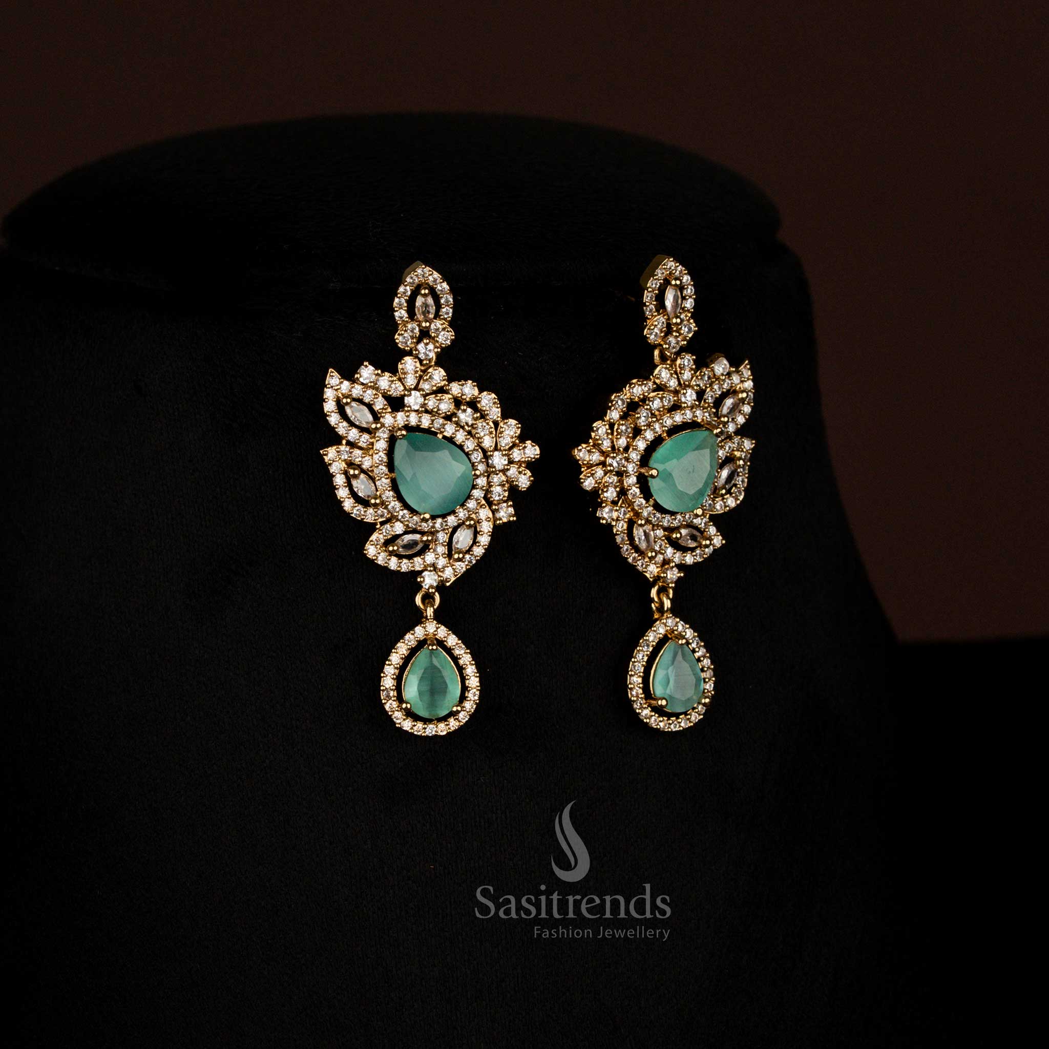Gorgeous Sparkling American Diamond Victorian Leaf Cluster mint Long Necklace with Teardrop Pendant - Sasitrends