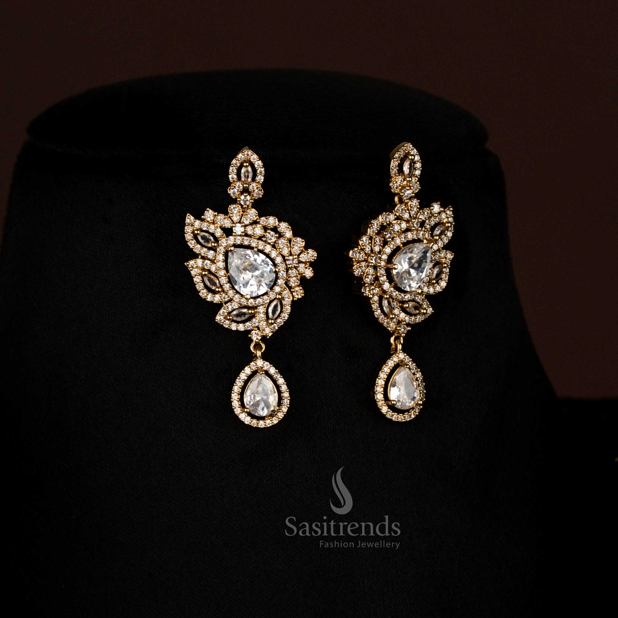 Party wear Sparkling American Diamond Victorian Leaf Cluster White Long Necklace with Teardrop Pendant - Sasitrends