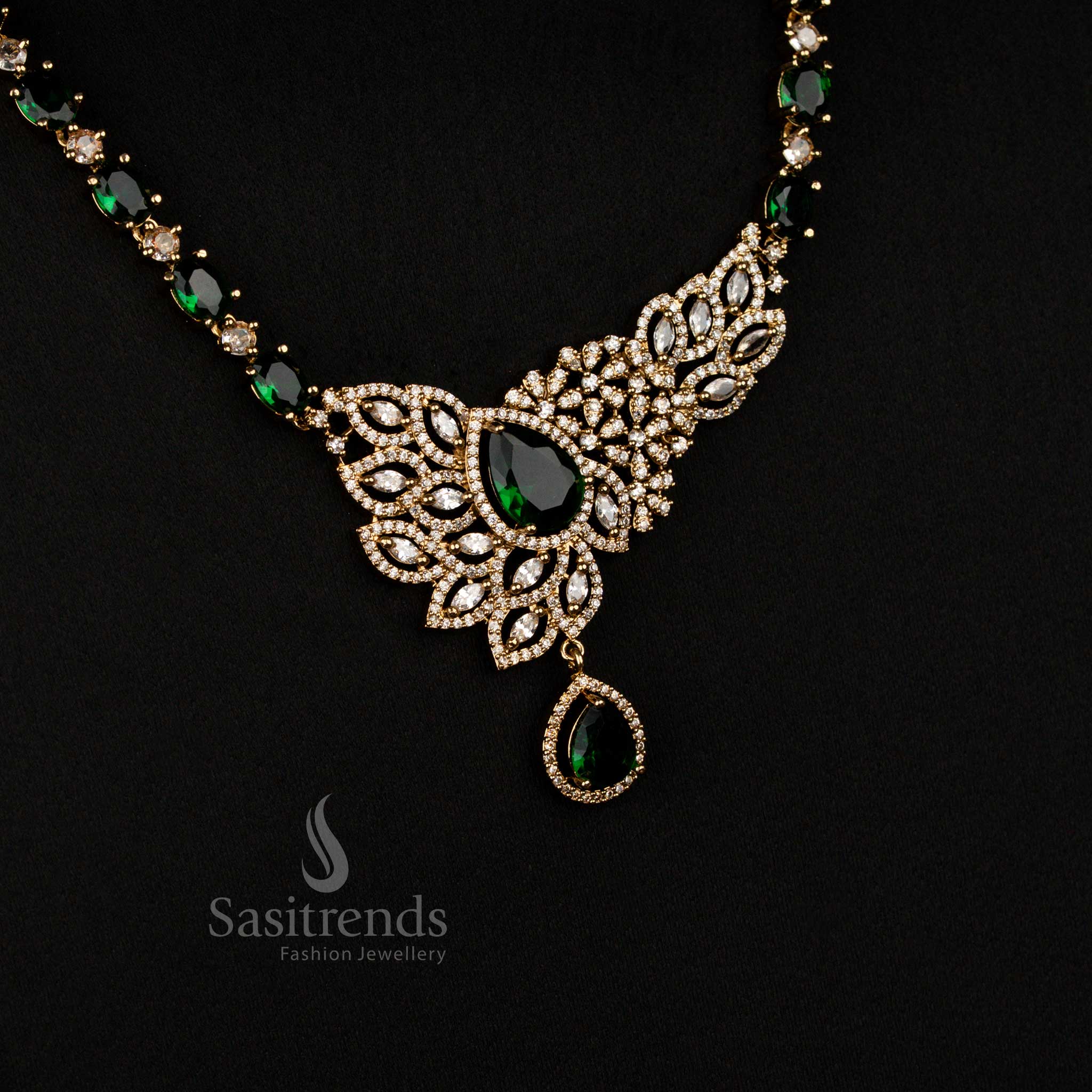 Gorgeous Sparkling American Diamond Victorian Leaf Cluster Green Long Necklace with Teardrop Pendant - Sasitrends