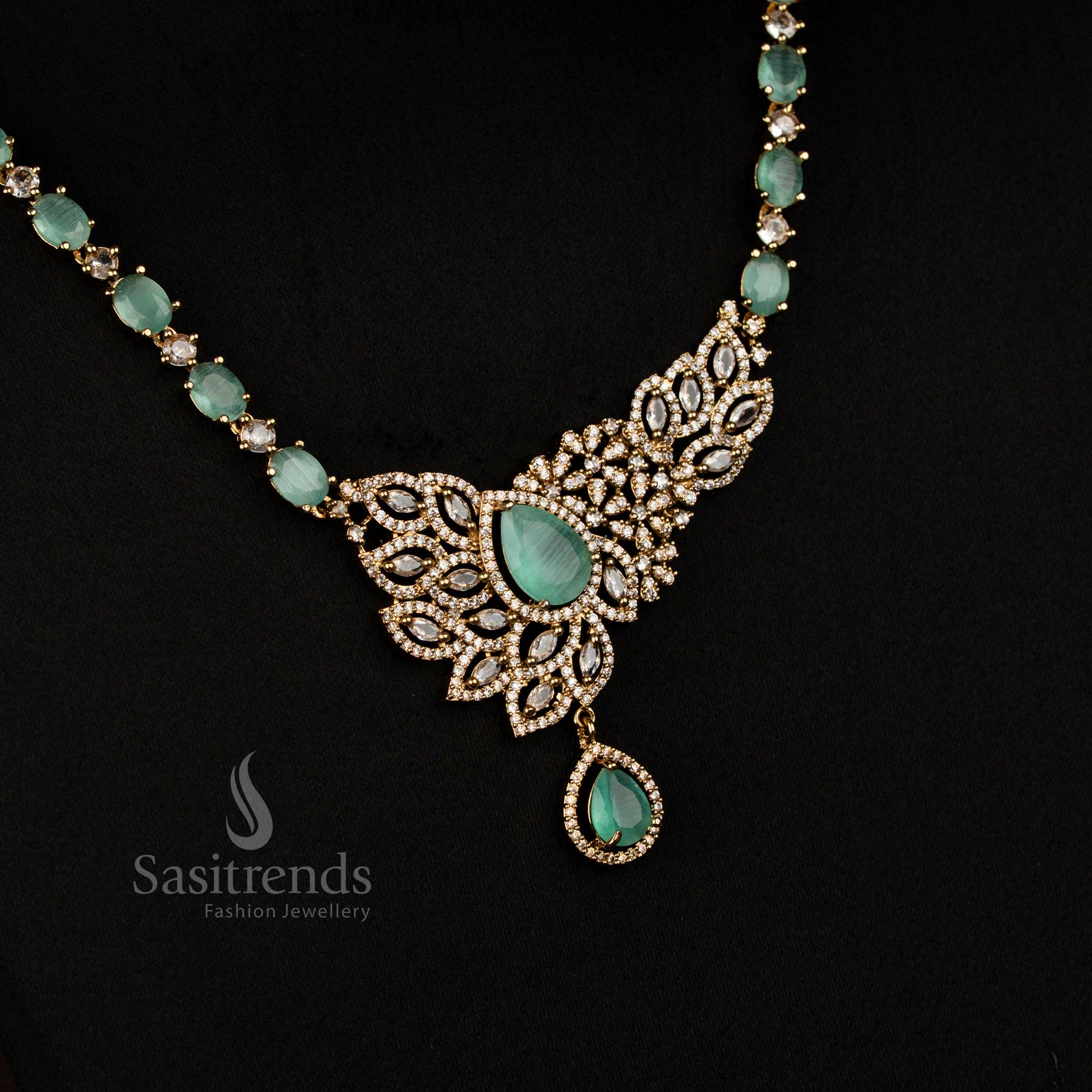 Party Wear Sparkling American Diamond Victorian Leaf Cluster Mint Long Necklace with Teardrop Pendant - Sasitrends