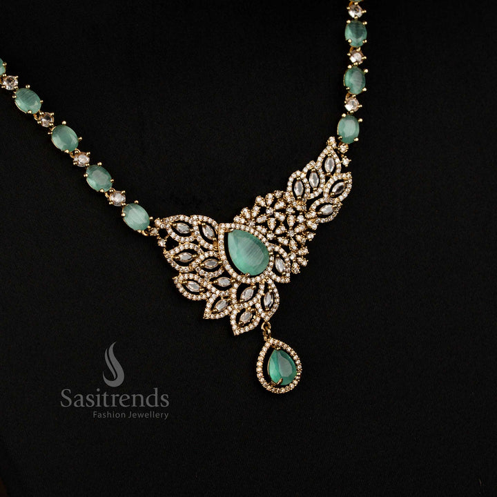 Party Wear Sparkling American Diamond Victorian Leaf Cluster Mint Long Necklace with Teardrop Pendant - Sasitrends
