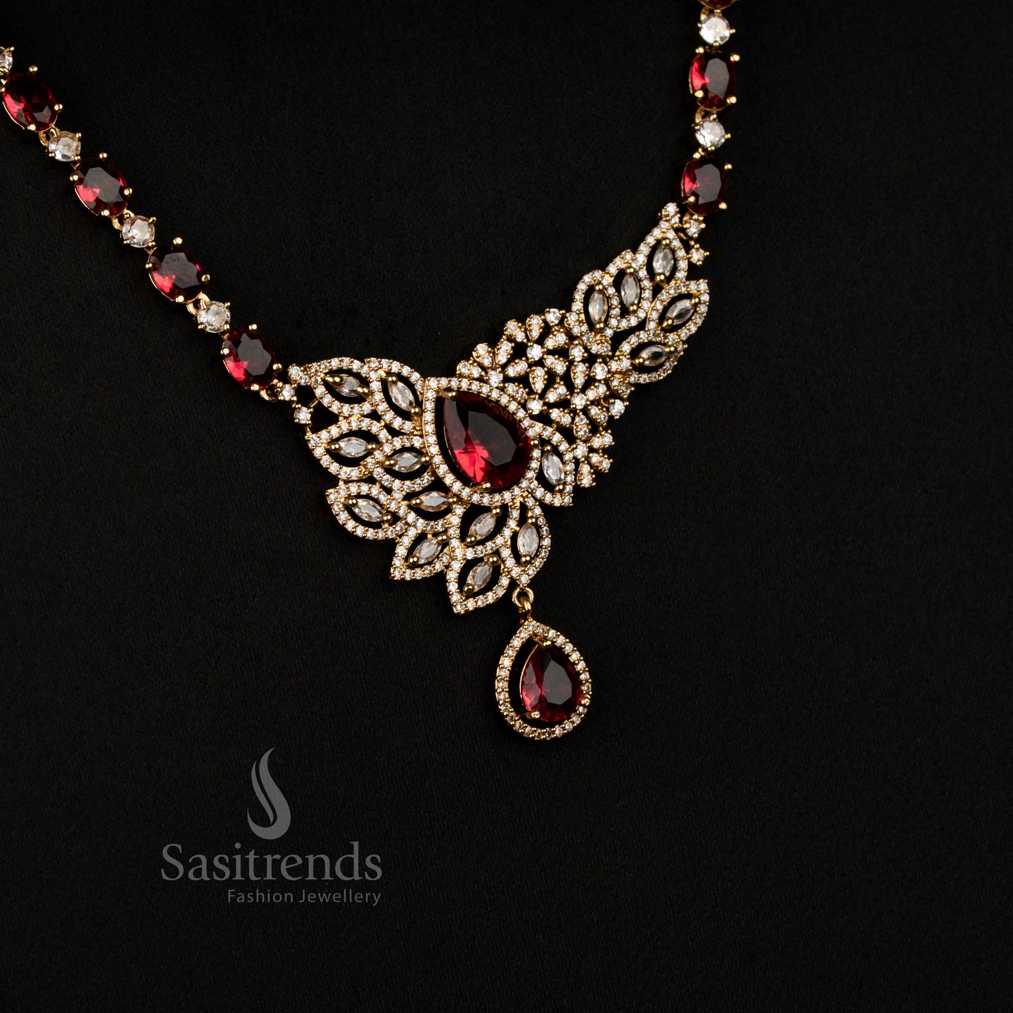 Elegant Sparkling American Diamond Victorian Leaf Cluster Red Long Necklace with Teardrop Pendant - Sasitrends