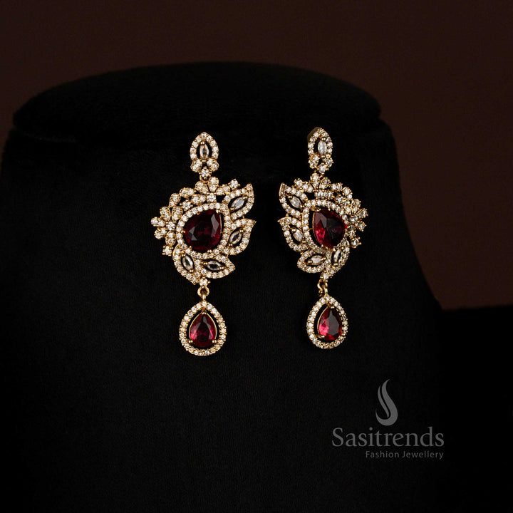 Party Wear Sparkling American Diamond Victorian Leaf Cluster RedLong Necklace with Teardrop Pendant - Sasitrends