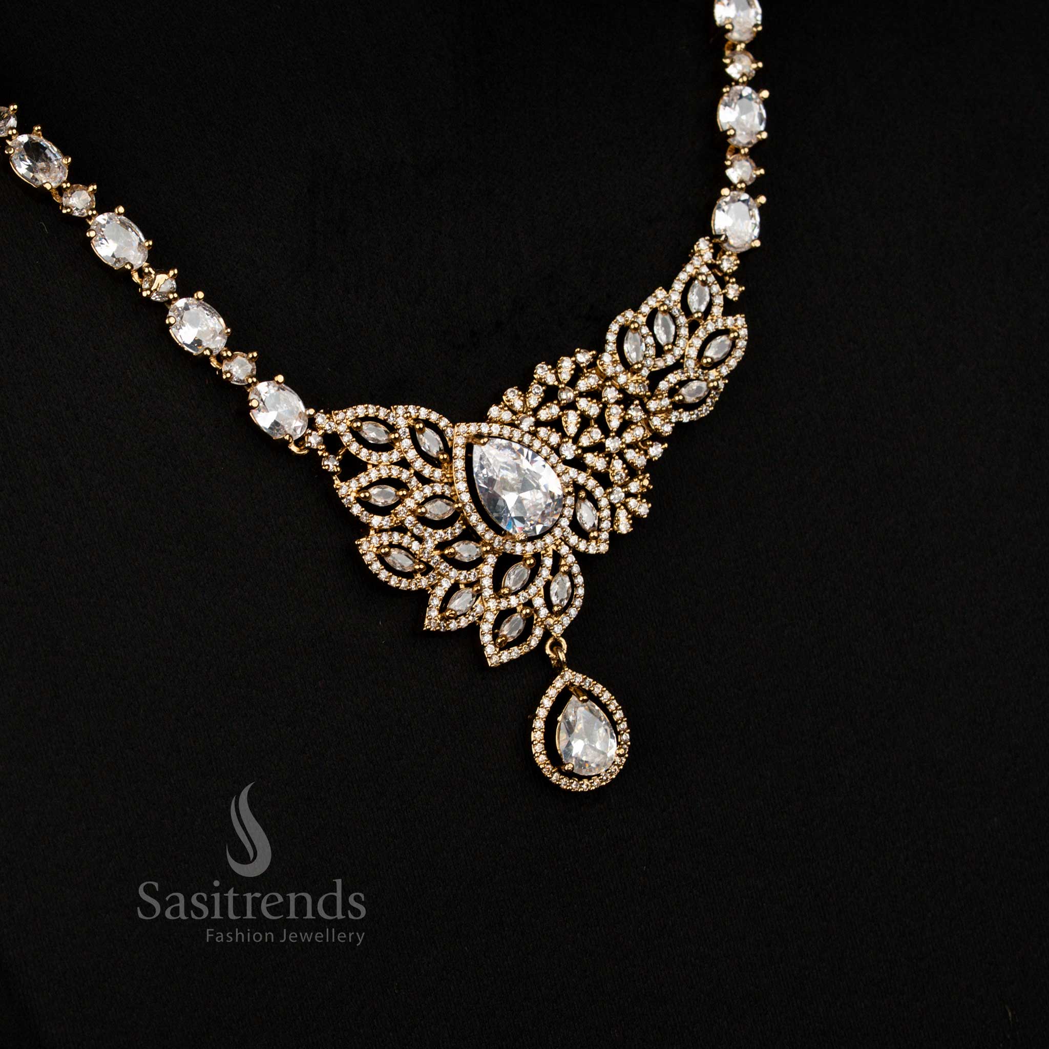 Gorgeous Sparkling American Diamond Victorian Leaf Cluster White Long Necklace with Teardrop Pendant - Sasitrends