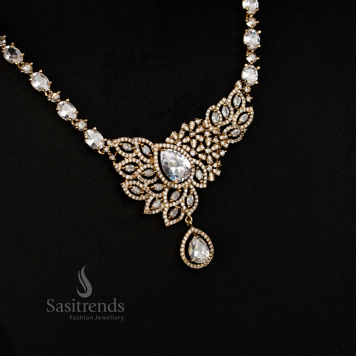 Gorgeous Sparkling American Diamond Victorian Leaf Cluster White Long Necklace with Teardrop Pendant - Sasitrends