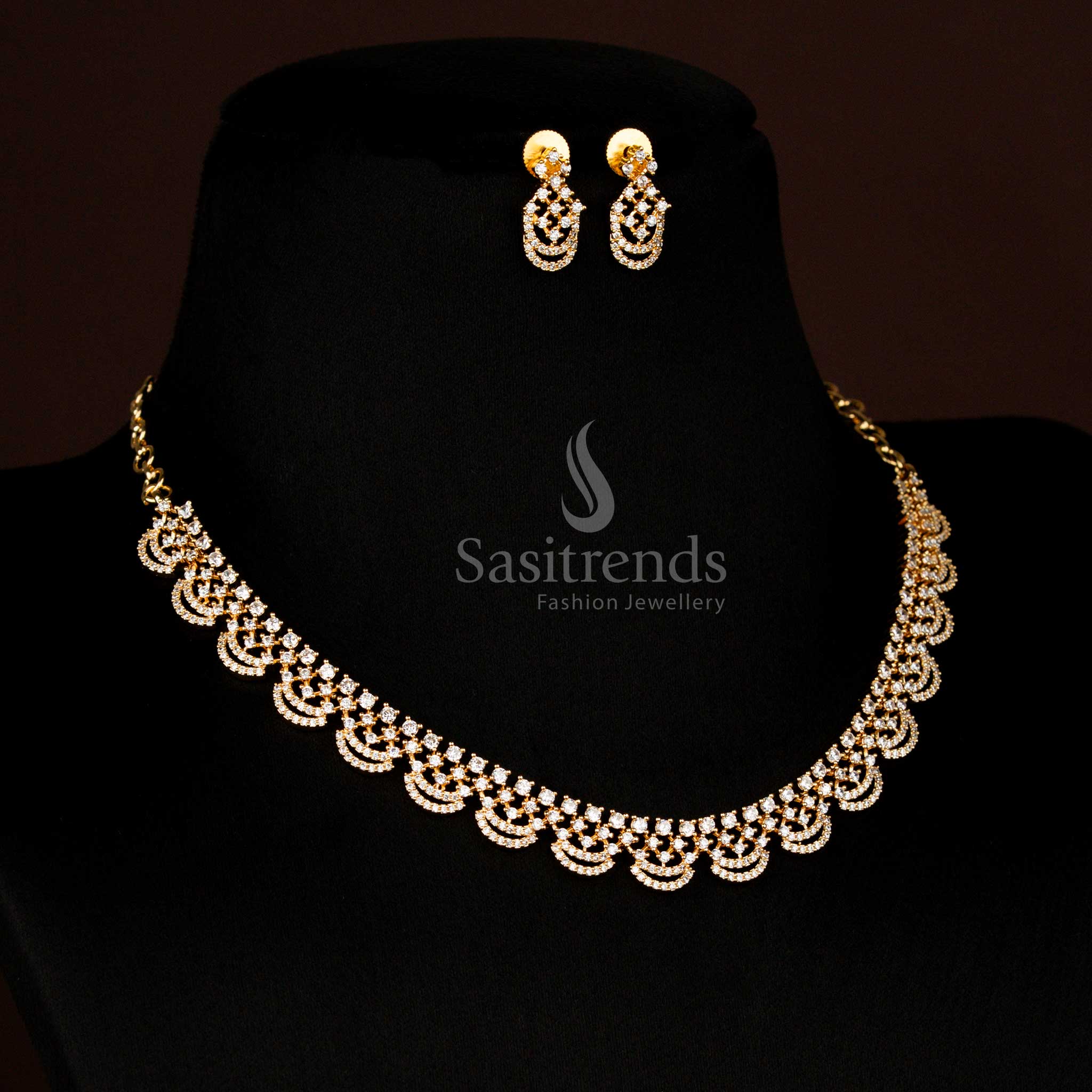 Guaranteed Micro Gold Plated round stone with americon diamond linked pattern Necklace Jewellery Set – Sasitrends