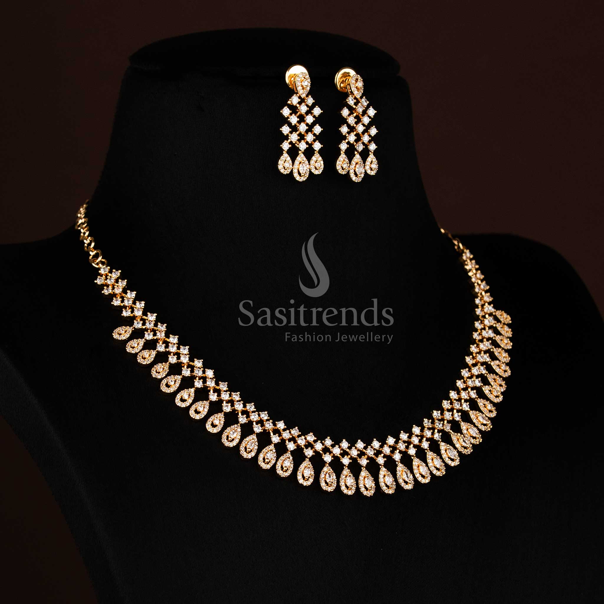 Sasitrends American Diamond 24K Micro gold Plated Teardrop Mesh Necklace Jewellery Set