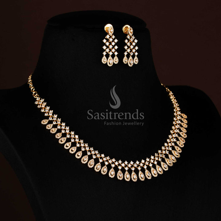 Sparkling American Diamond 24K Micro Gold Plated Teardrop Mesh Necklace Jewellery Set