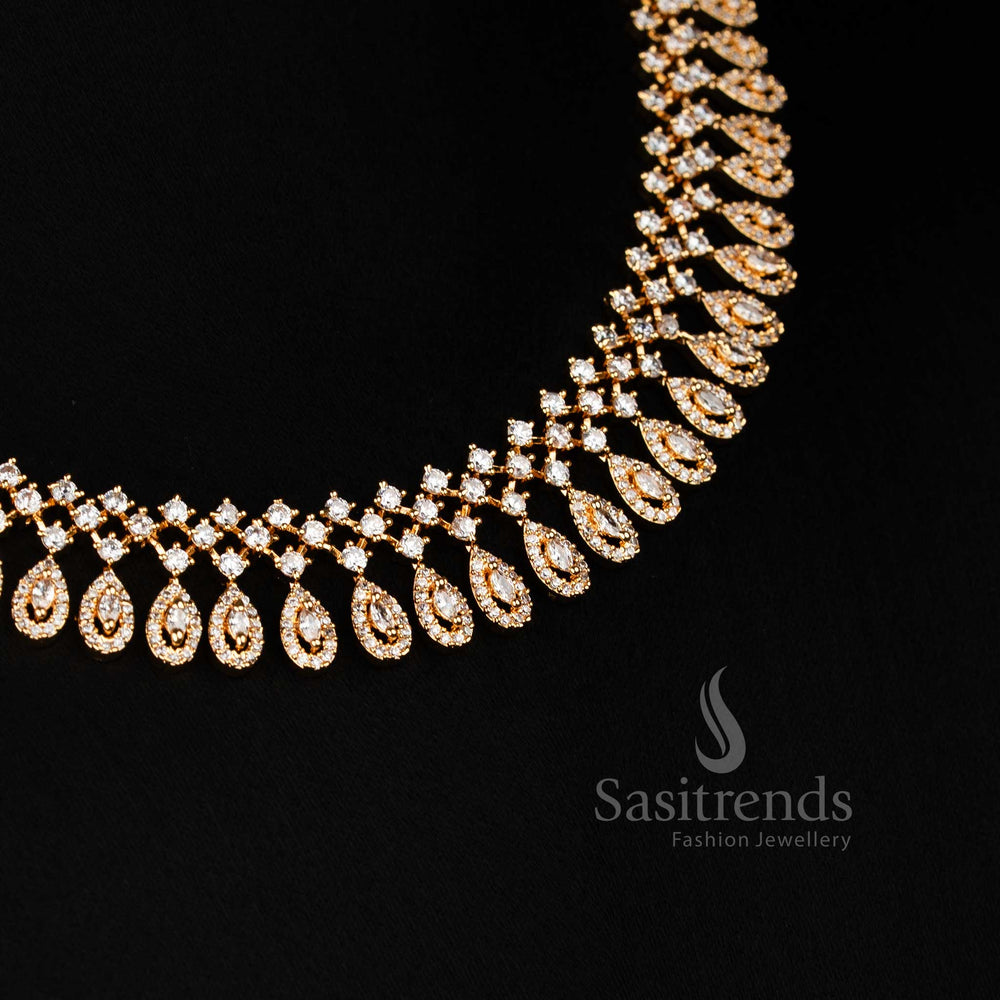 Sasitrends White American Diamond 24K Micro gold Plated Teardrop Mesh Necklace Jewellery Set, Look like real diamond