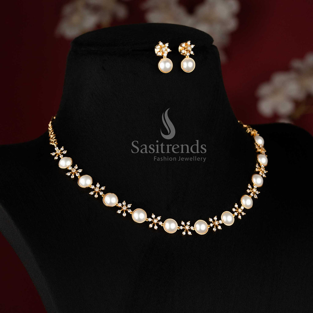 Elegant bezel-set pearl necklace with shimmering AD stone floral clusters 2691N - Sasitrends