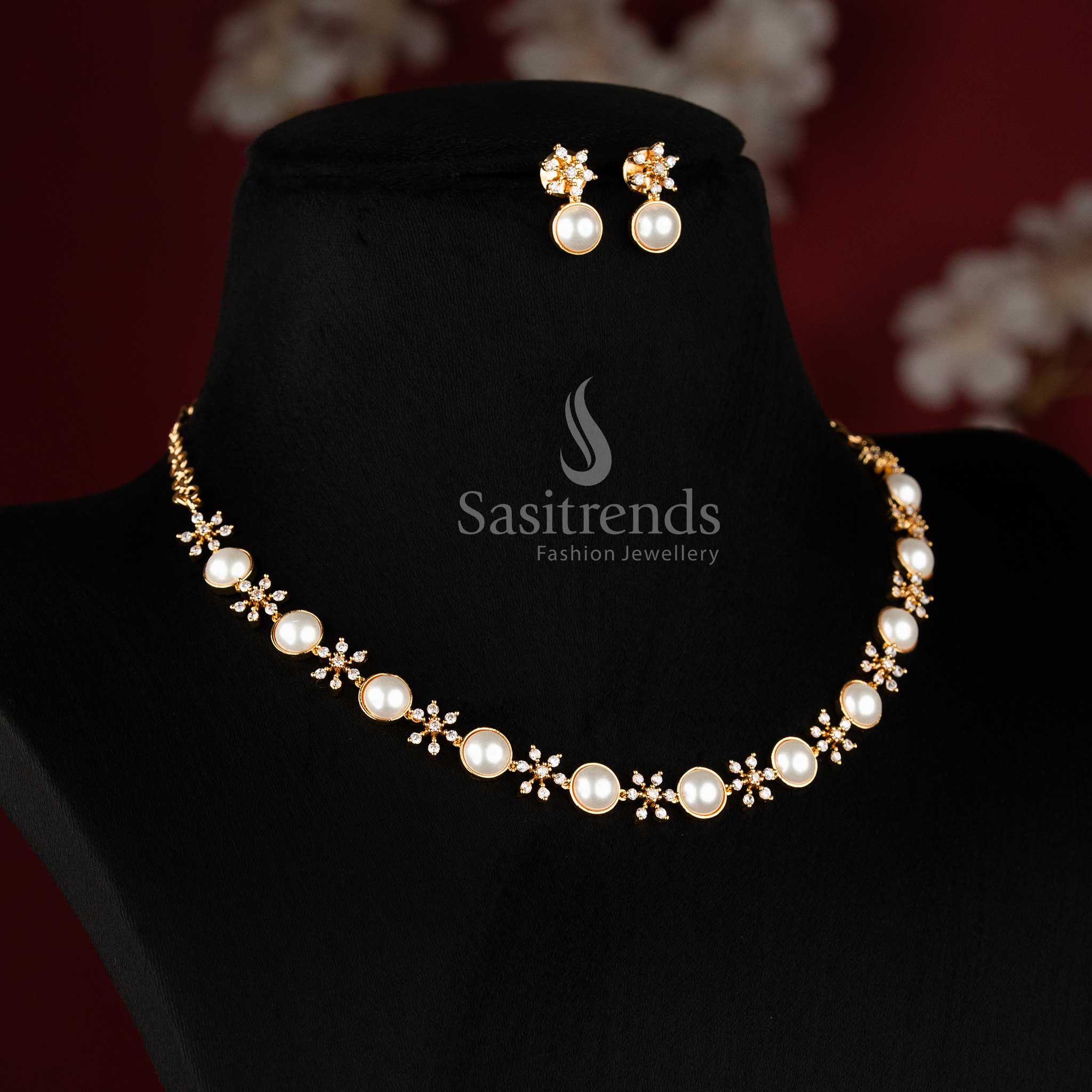 Elegant bezel-set pearl necklace with shimmering AD stone floral clusters 2691N - Sasitrends