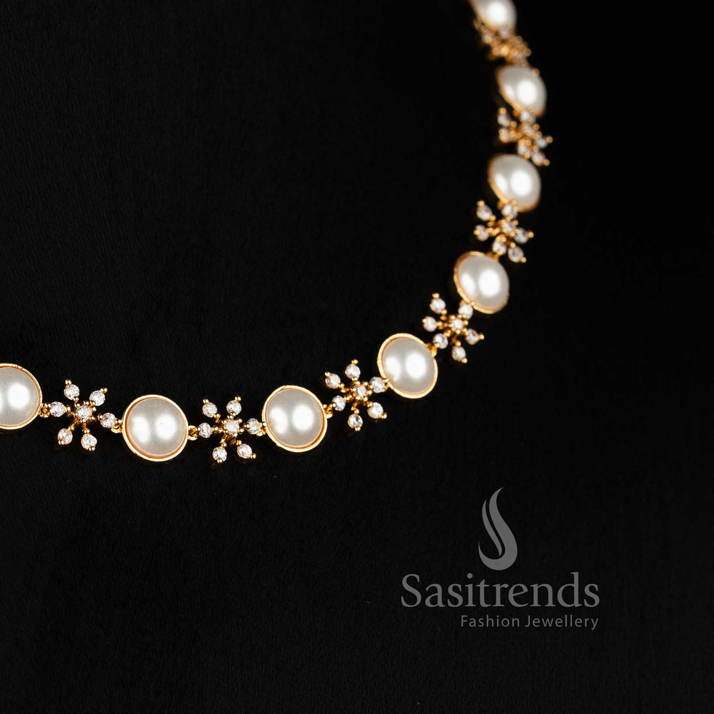 American Diamond micro gold plated floral snowflake and pearl necklace set 2691N - Sasitrends