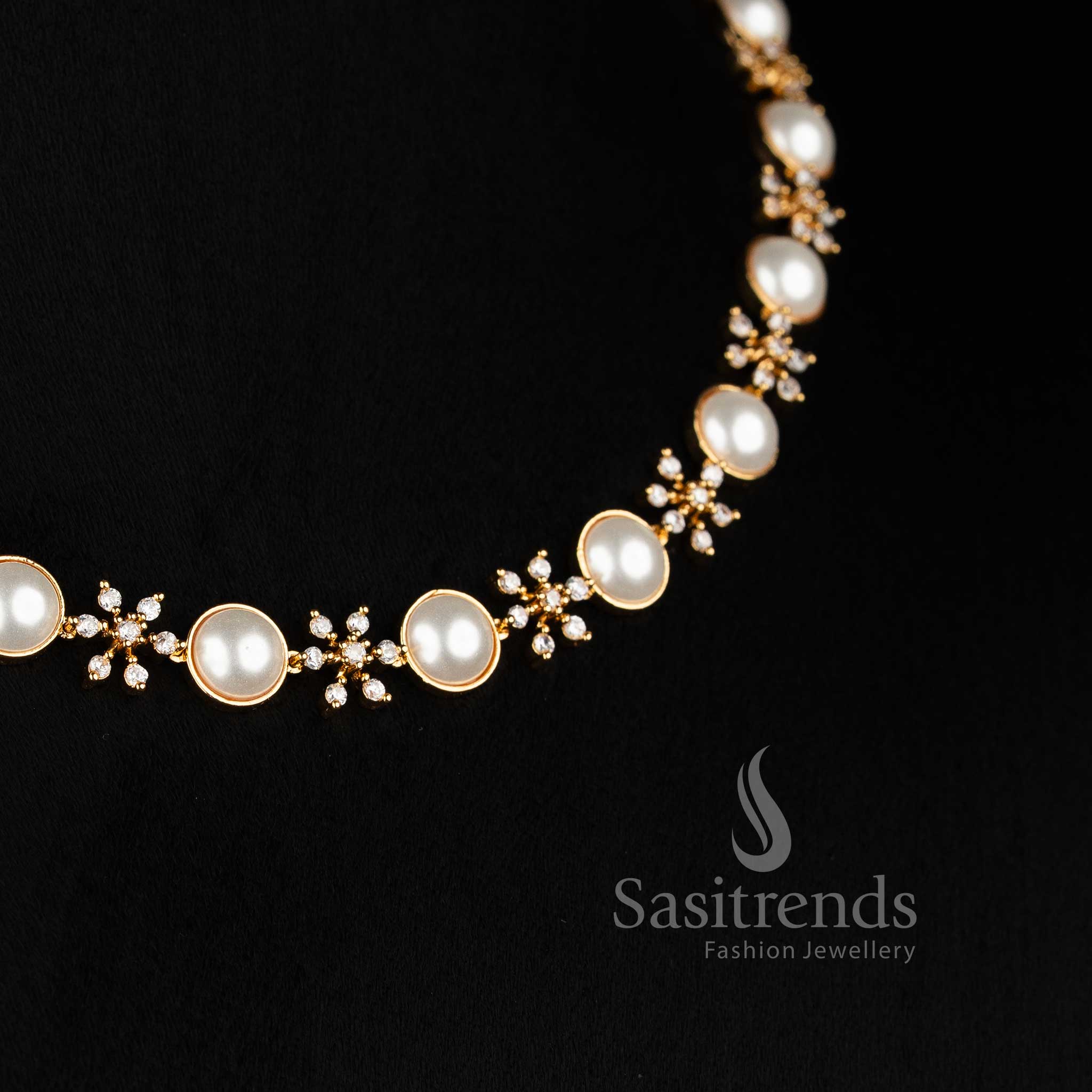 American Diamond micro gold plated floral snowflake and pearl necklace set 2691N - Sasitrends