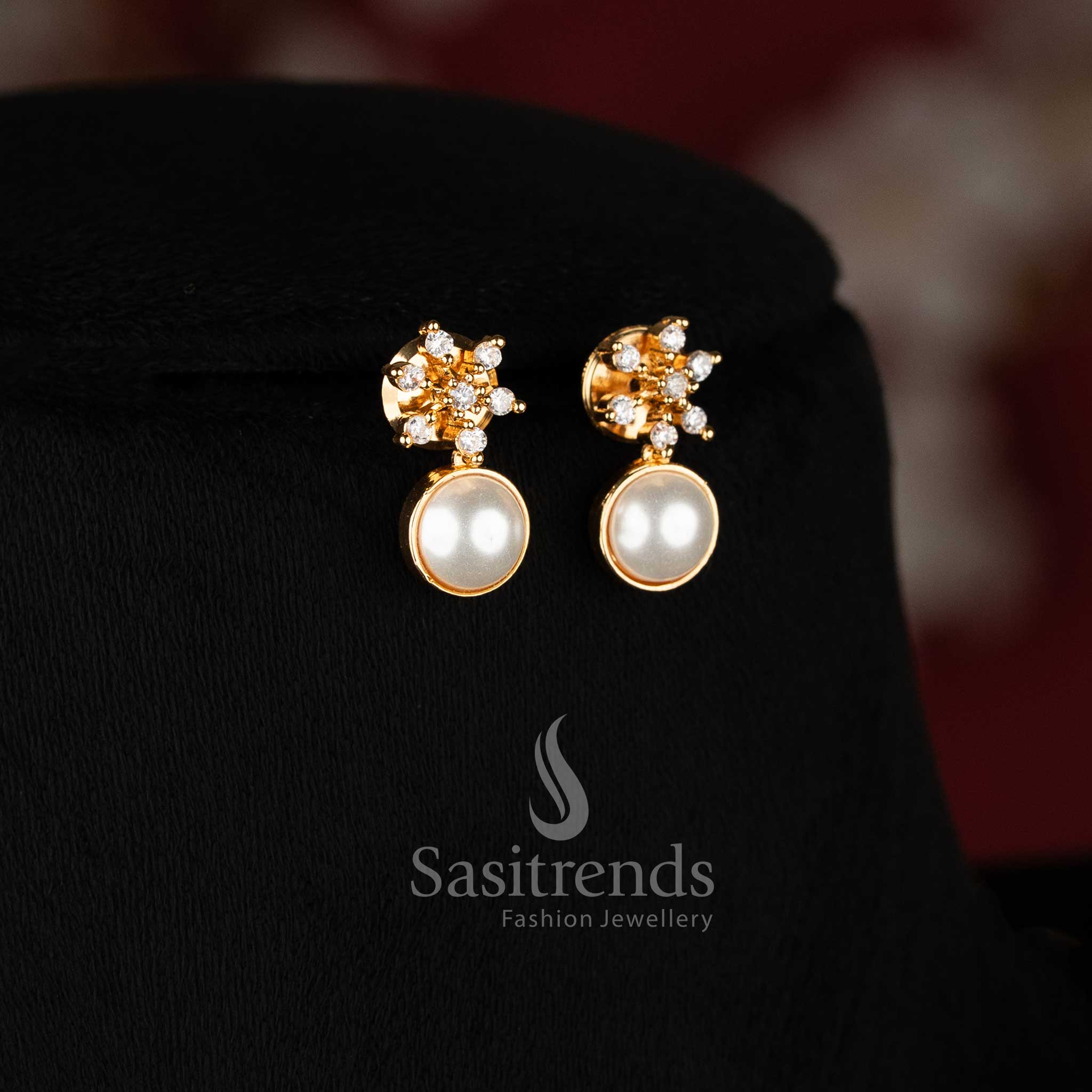 American Diamond Micro Gold Plated Floral Pearl Necklace Set