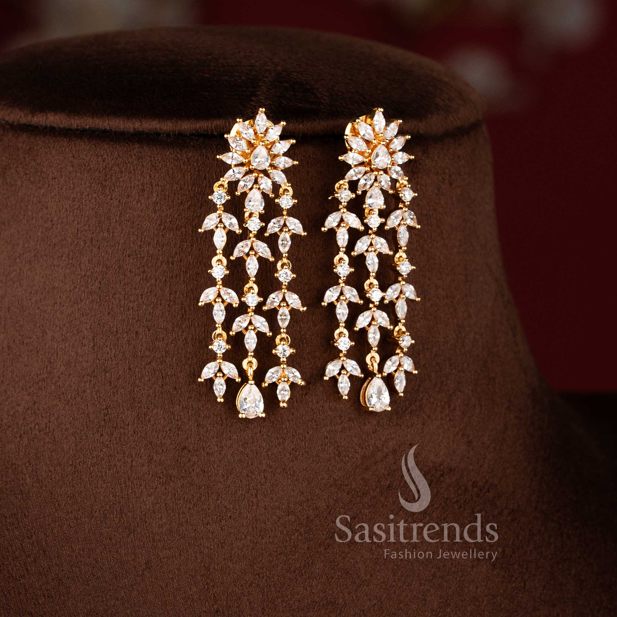 Elegant three-layered micro gold plated American Diamond floral necklace set by Sasitrends.