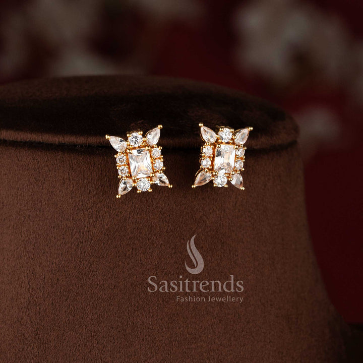 Stylish micro gold plated necklace set with brilliant round and rectangular American Diamonds.