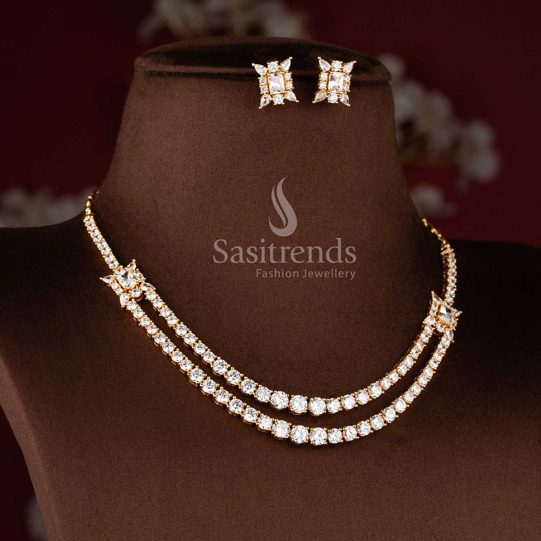 Stylish micro gold plated necklace set with brilliant round and rectangular American Diamonds.