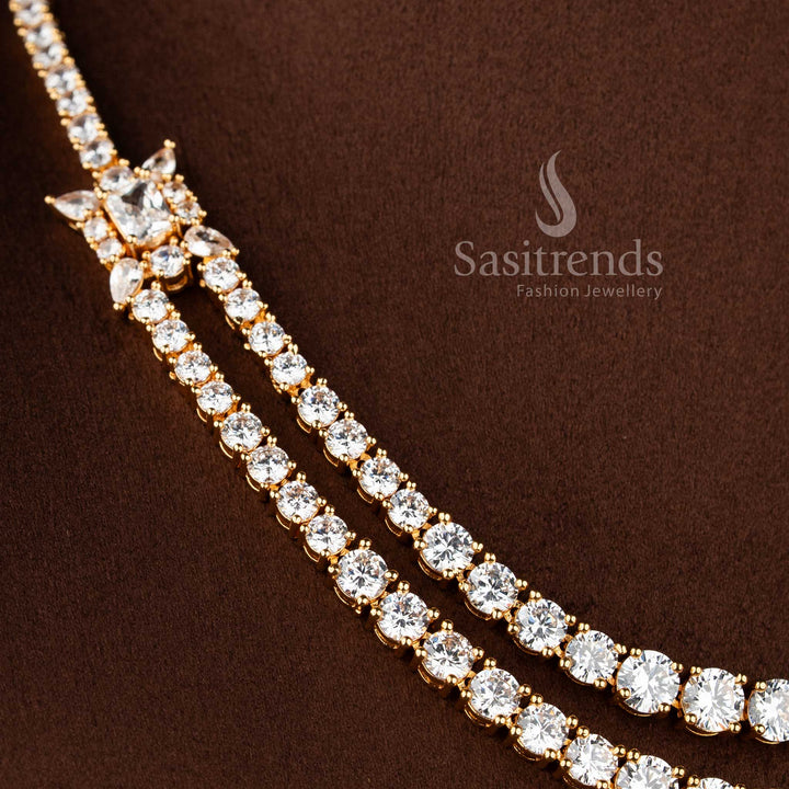 Elegant parallel strand AD stone necklace with matching geometric stud earrings.