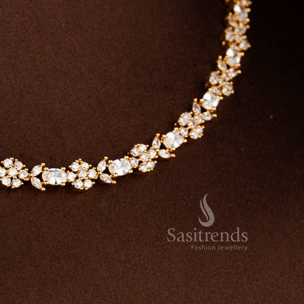 Stylish micro gold plated necklace set with brilliant white American Diamond clusters.