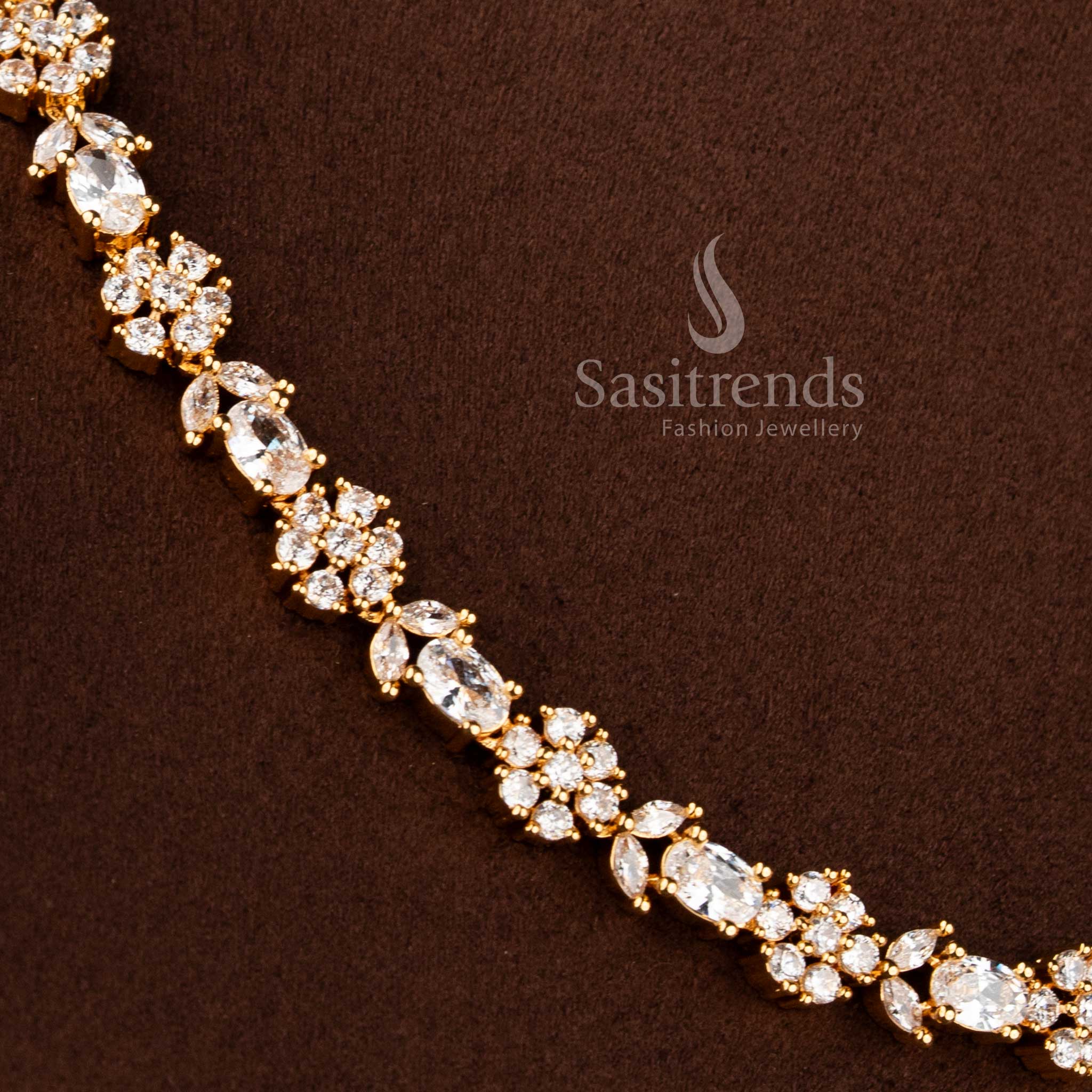 Elegant micro gold plated American Diamond floral cluster necklace set by Sasitrends.
