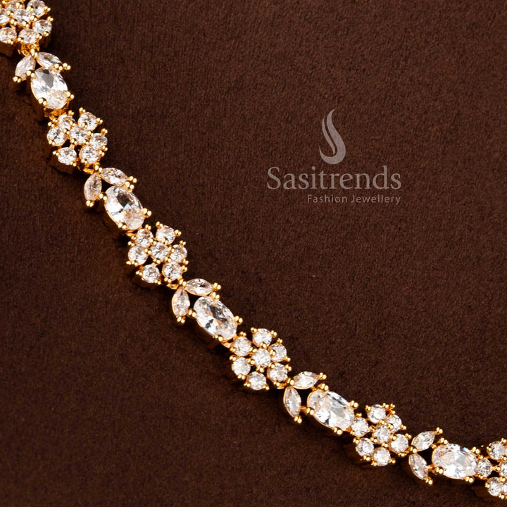 Elegant micro gold plated American Diamond floral cluster necklace set by Sasitrends.
