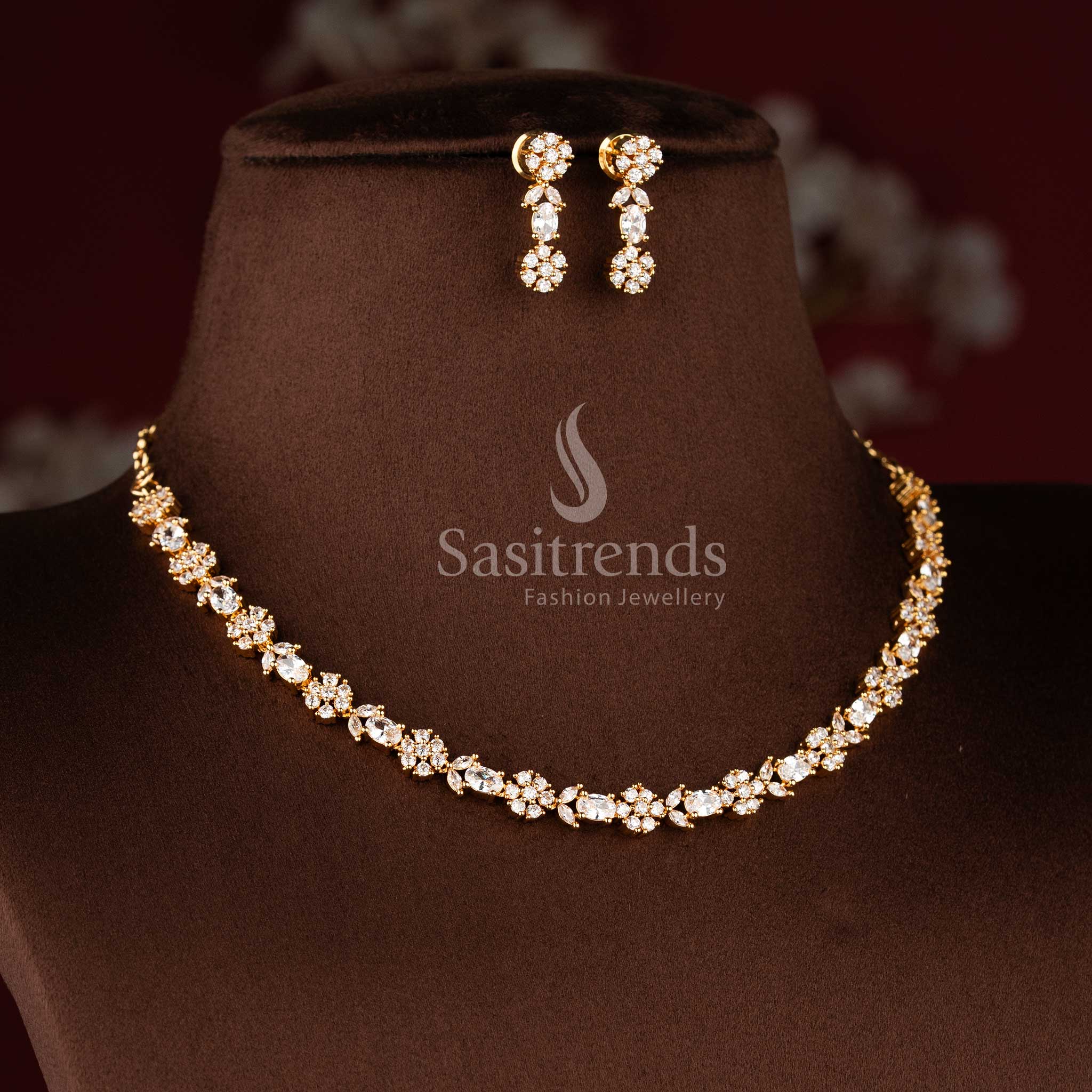 Elegant micro gold plated American Diamond floral cluster necklace set by Sasitrends.