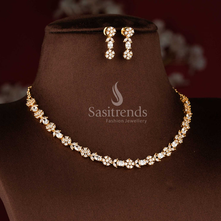 Elegant Guaranteed Micro Gold Plated American Diamond Floral Cluster Necklace Jewellery Setswith Matching Drop Earrings - Sasitrends