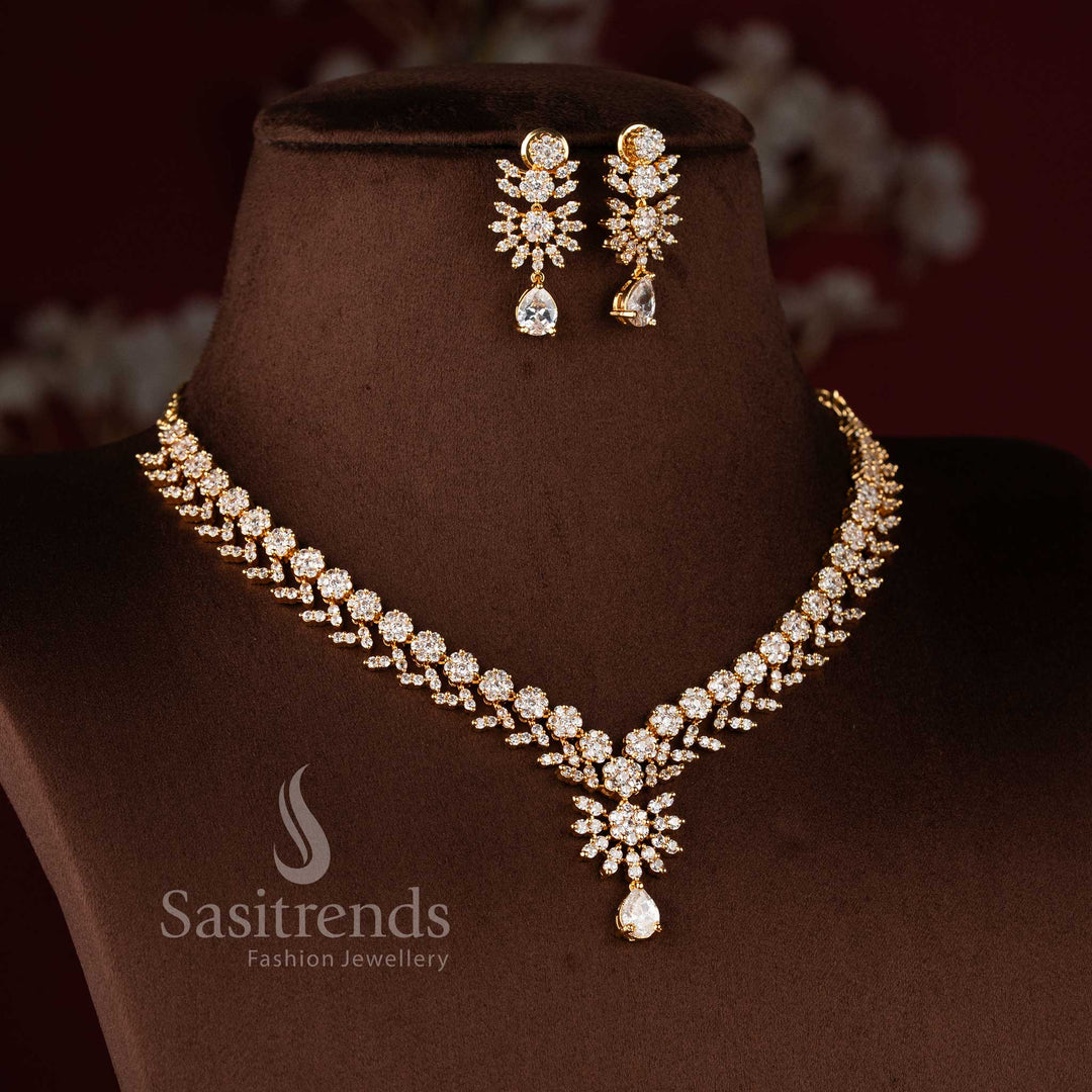 Stylish micro gold plated wedding jewellery set with brilliant white American Diamond clusters.