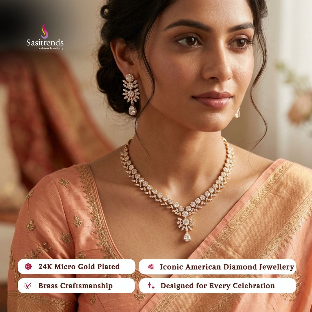 Engagement wear micro gold plated AD stone necklace set - Sasitrends