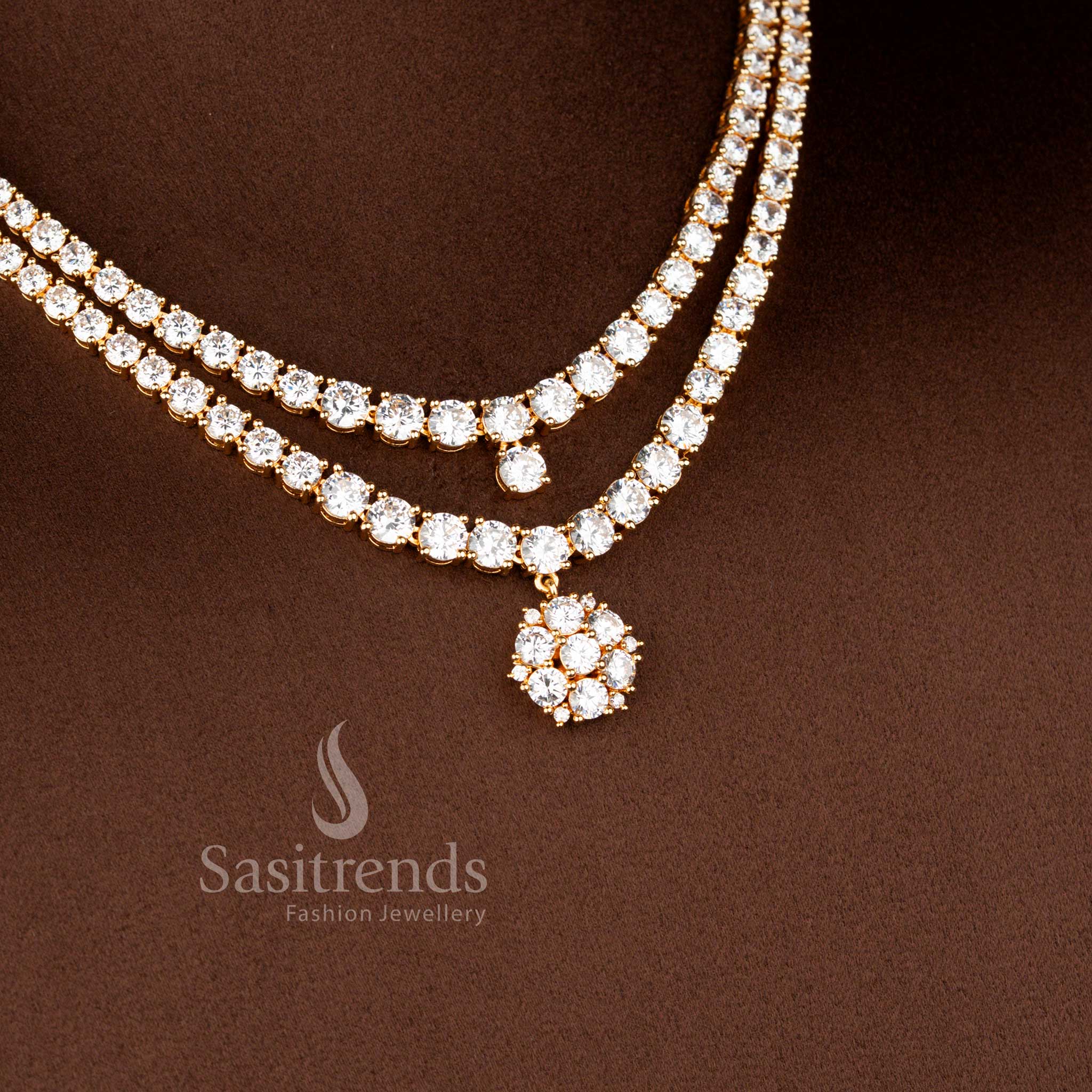 Micro Gold Plated Layered Necklace Jewellery Set with Brilliant American Diamond Stones and Designer Floral Pendant for Women - Sasitrends