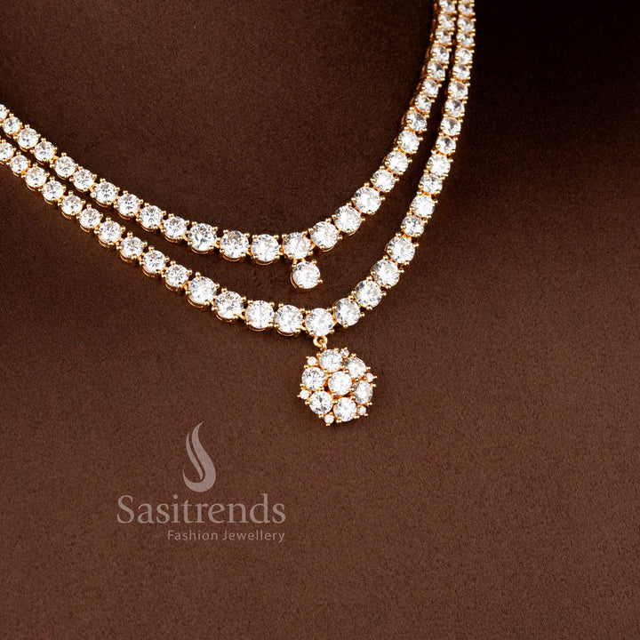 Micro Gold Plated Layered Necklace Jewellery Set with Brilliant American Diamond Stones and Designer Floral Pendant for Women - Sasitrends