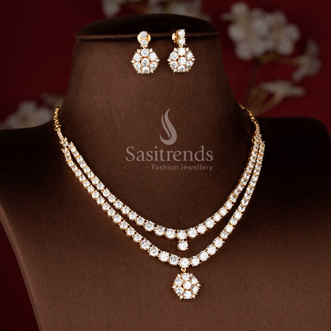 American Diamond Micro Gold Plated Double Layer Necklace Jewellery Set with Floral Pendant and Matching Earrings for Women - Sasitrends