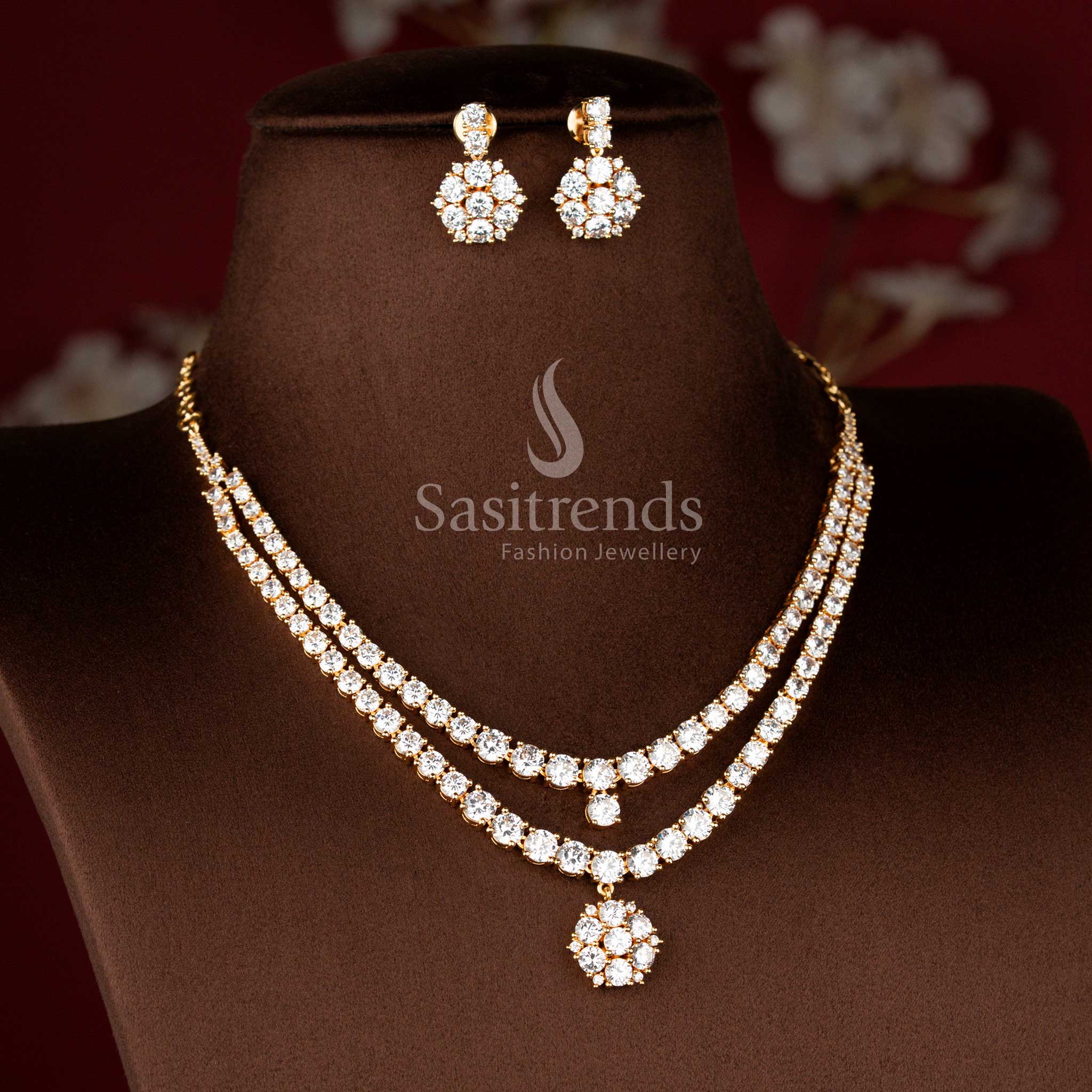 American Diamond Micro Gold Plated Double Layer Necklace Jewellery Set with Floral Pendant and Matching Earrings for Women - Sasitrends