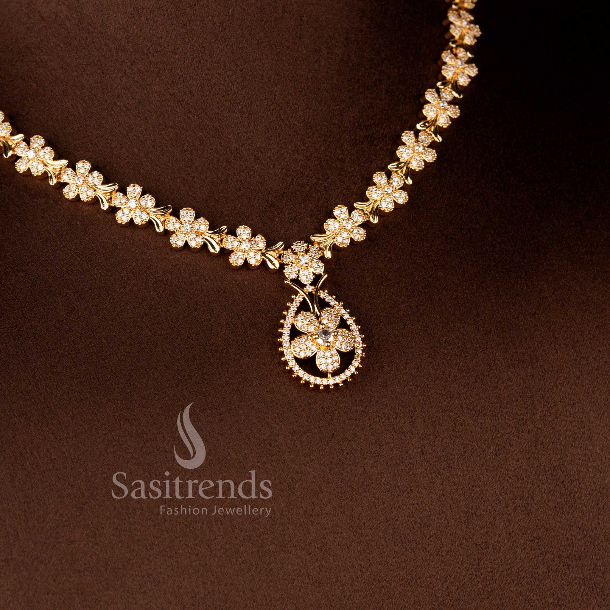 Micro Gold Plated Flower Design Necklace Jewellery Set Featuring Sparkling American Diamond Stones and Designer Pendant for Women - Sasitrends