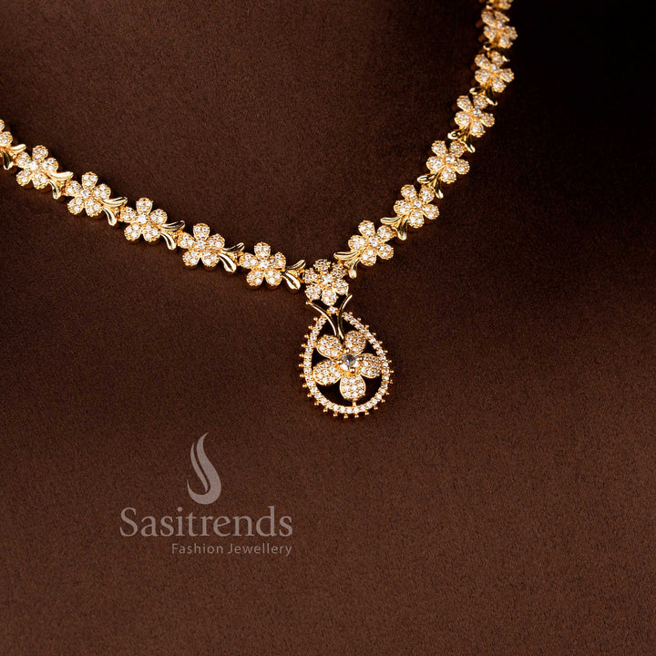 Micro Gold Plated Flower Design Necklace Jewellery Set Featuring Sparkling American Diamond Stones and Designer Pendant for Women - Sasitrends