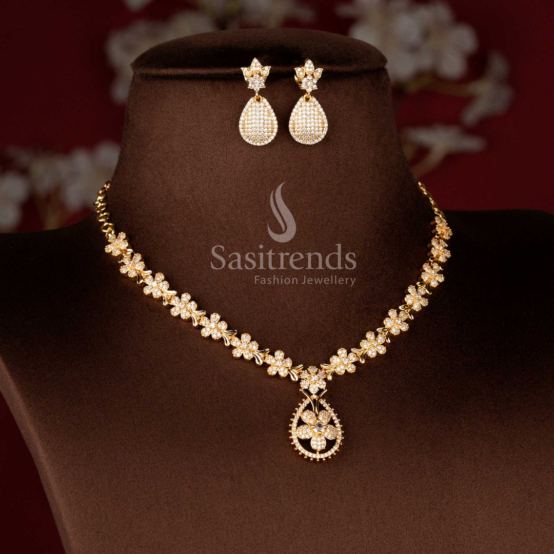 American Diamond Micro Gold Plated Floral Necklace Jewellery Set with Designer Drop Pendant and Matching Earrings for Women - Sasitrends