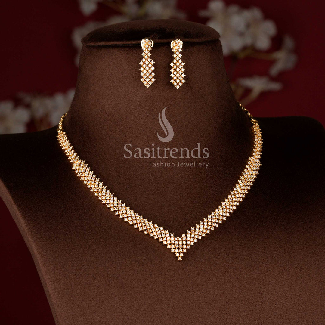Micro Gold Plated Lattice Pattern Necklace Jewellery Set with Sparkling American Diamond Stones and Designer Earrings for Women - Sasitrends