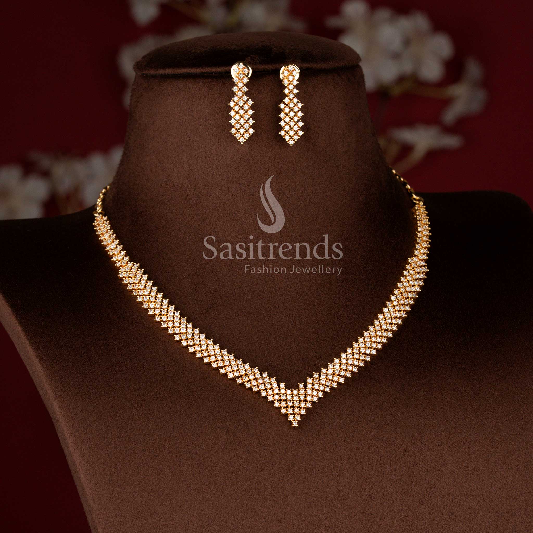 Micro Gold Plated Lattice Pattern Necklace Jewellery Set with Sparkling American Diamond Stones and Designer Earrings for Women - Sasitrends