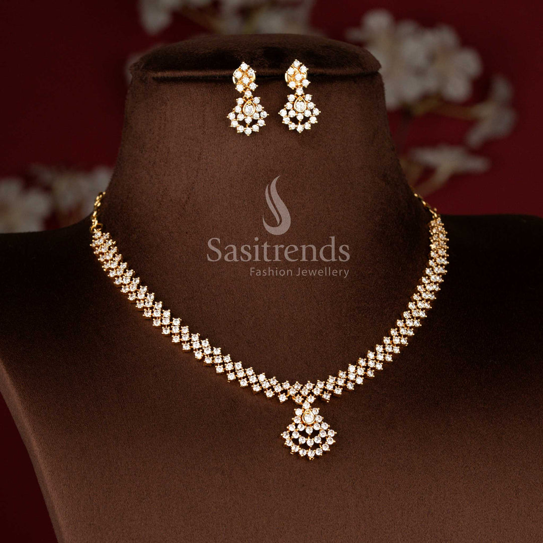American Diamond Micro Gold Plated Designer Floral Necklace Jewellery Set with Sparkling Openwork Pendant and Matching Earrings, Look Like Real Gold - Sasitrends