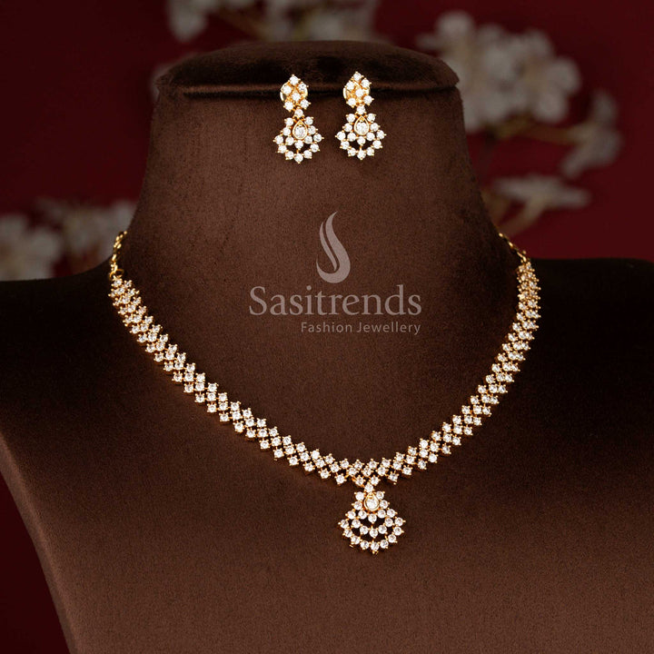 American Diamond Micro Gold Plated Designer Floral Necklace Jewellery Set with Sparkling Openwork Pendant and Matching Earrings, Look Like Real Gold - Sasitrends
