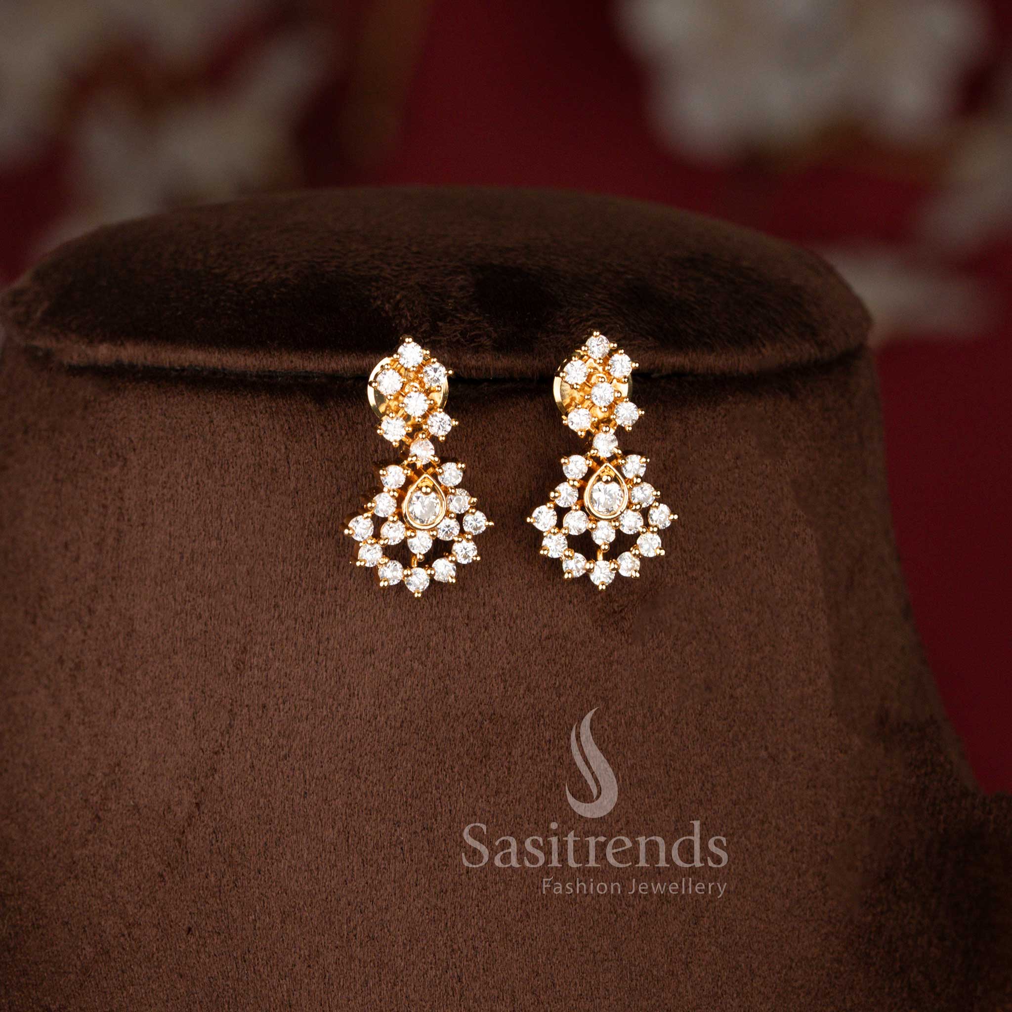 Designer Floral American Diamond Micro Gold Plated Necklace Jewellery Set with Matching Drop Earrings for Weddings and Festive Occasions - Sasitrends